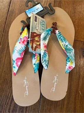 Panama Jack Floral Fabric Bow Sandals in Turquoise, Pink, Yellow, Brown